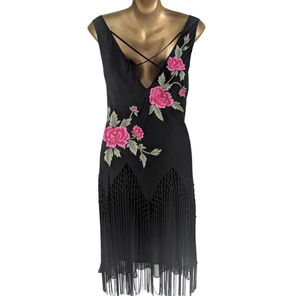 Sue Wong Sz 10 Vintage Y2K Black Silk Embroidered Fringed Dress EUC - Picture 7 of 9